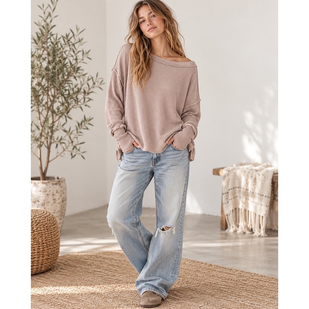 Free People We The Free North Shore Thermal Top M Taupe Waffle Knit Thumbholes